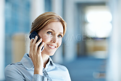 Buy stock photo Contact, smile or woman in office with phone call, agenda change or connection in online conversation. Happy, space or employee with tech, schedule update or networking in digital communication.