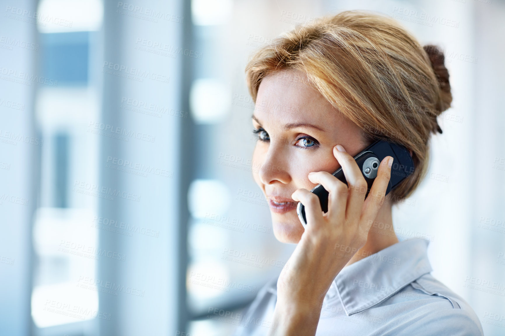 Buy stock photo Phone call, networking or woman in office with connection, agenda change or digital conversation on project. Online, contact or employee with tech, schedule update or communication in report feedback
