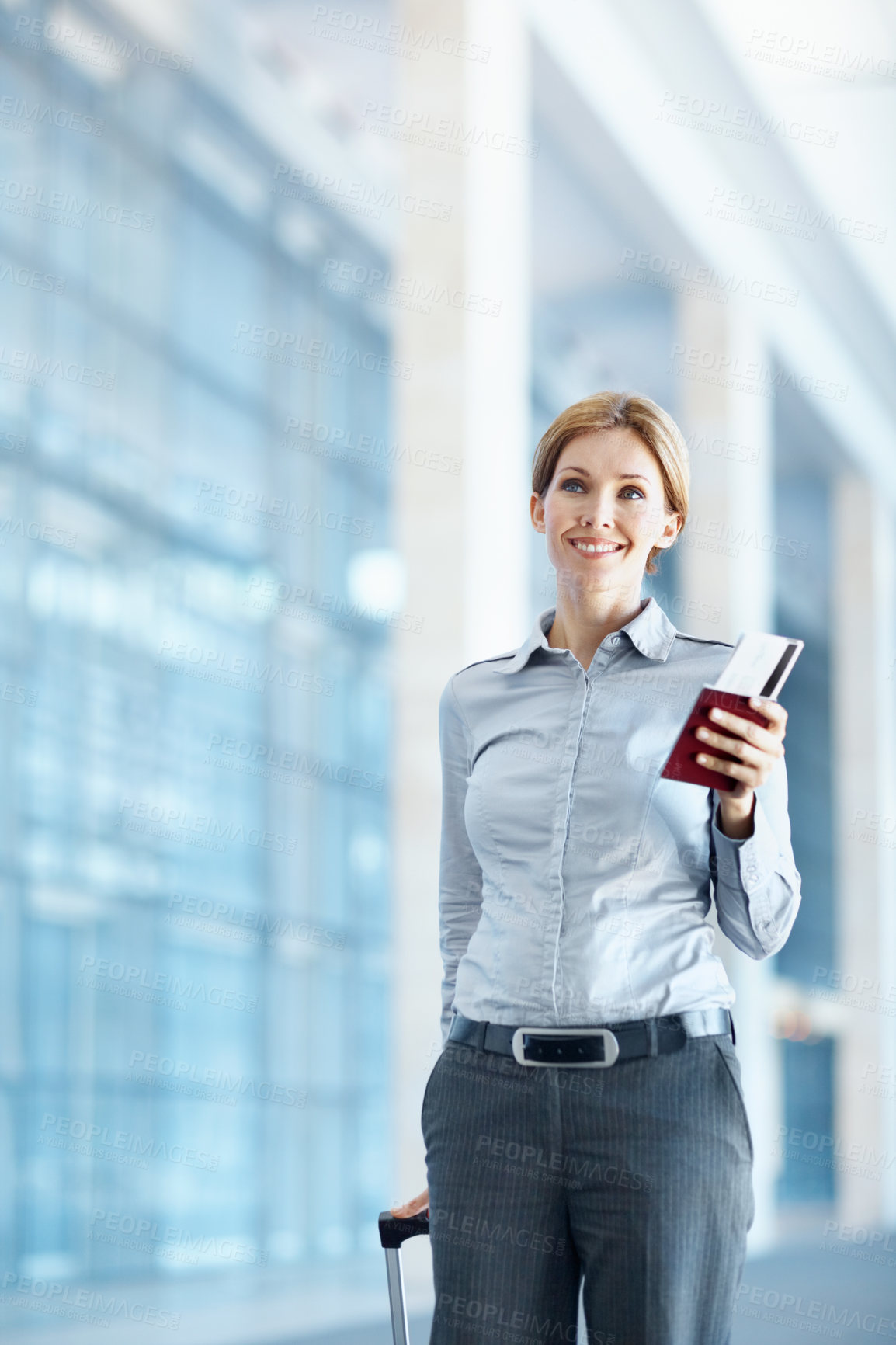 Buy stock photo Trip, thinking or businesswoman at airport with passport, journey insight or commute to b2b event. Boarding, space or employee with plane ticket, travel perspective or flight departure for conference