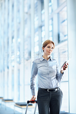 Buy stock photo Trip, thinking or businesswoman at airport with passport, journey insight or commute to b2b event. Boarding, space or employee with ticket, travel reflection or flight departure to business seminar.