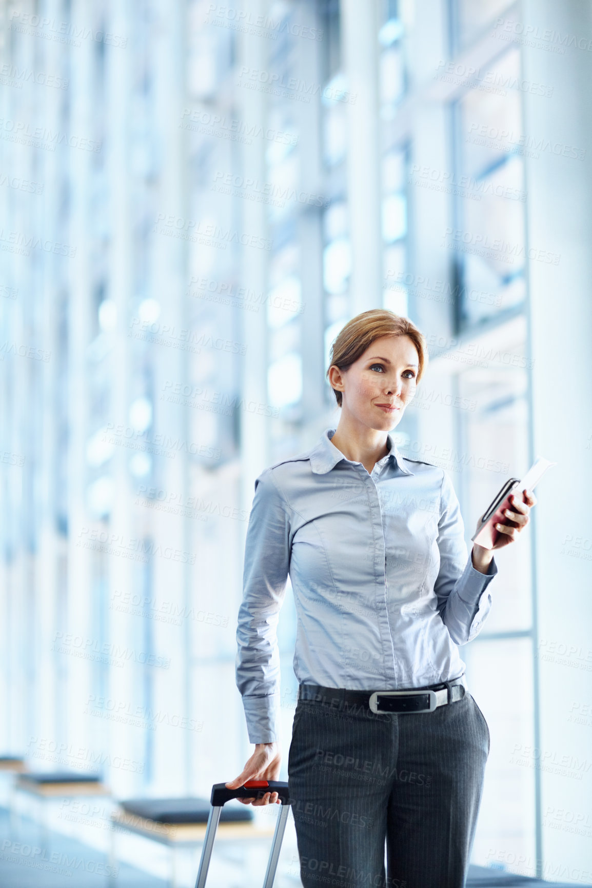 Buy stock photo Trip, thinking or businesswoman at airport with passport, journey insight or commute to b2b event. Boarding, space or employee with ticket, travel reflection or flight departure to business seminar.