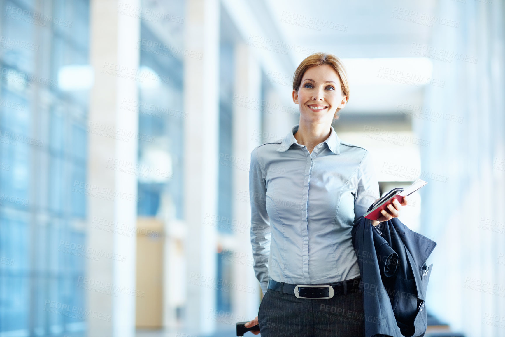 Buy stock photo Travel, suitcase and happy woman with ticket in airport for business opportunity or relocation. Female person, employee or traveler with smile, cellphone or passport for work commute or departure