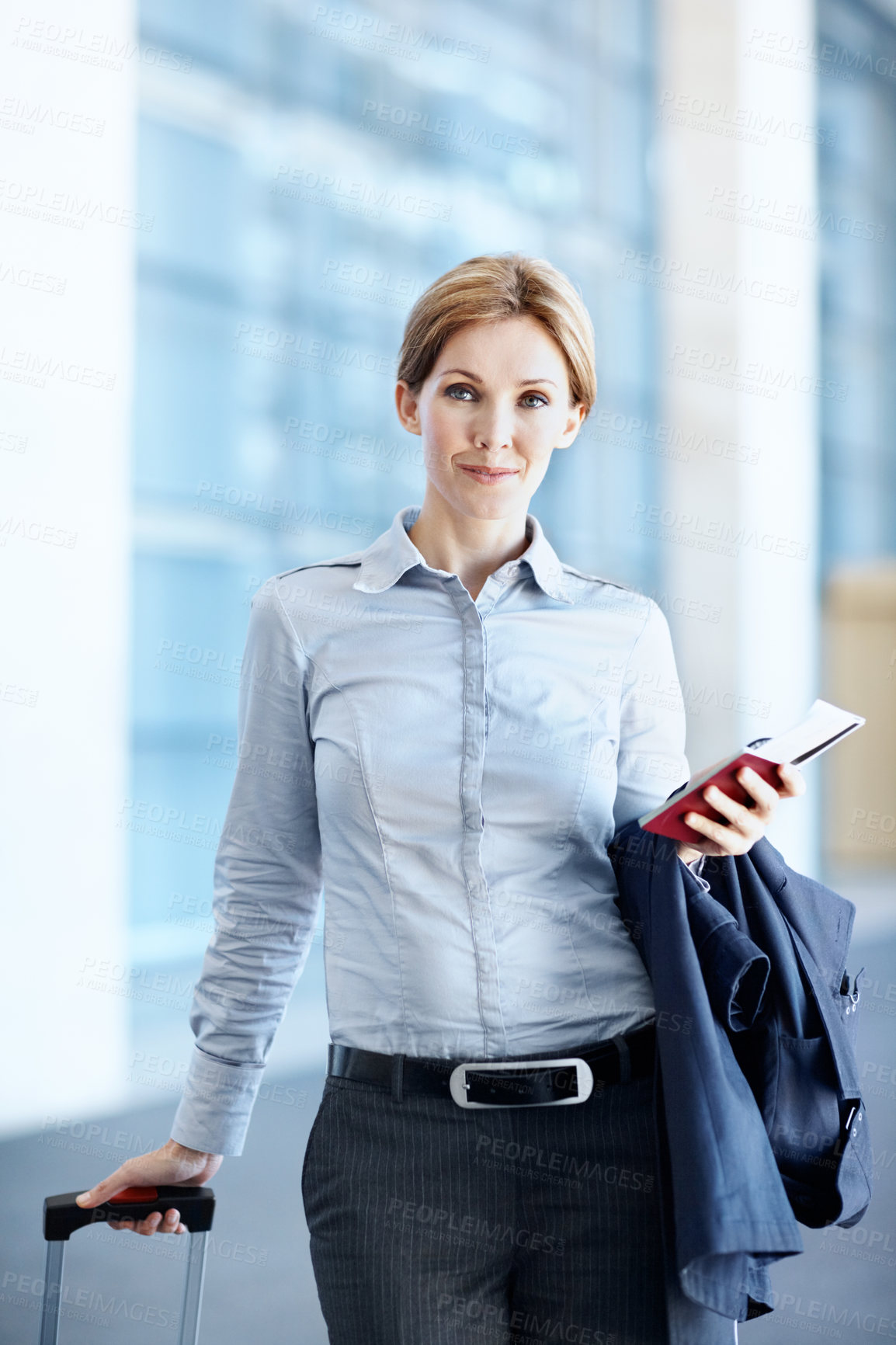 Buy stock photo Travel, portrait or businesswoman at airport with passport, journey or commute to corporate event. Boarding, smile or employee with plane ticket, company trip or flight departure to business seminar.