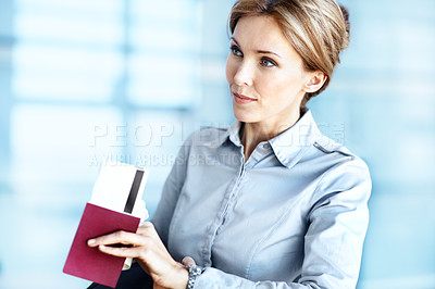 Buy stock photo Travel, passport and businesswoman with watch at airport for flight schedule, transit or planning. Boarding pass, person and wristwatch in lobby for time management, thinking or waiting for departure