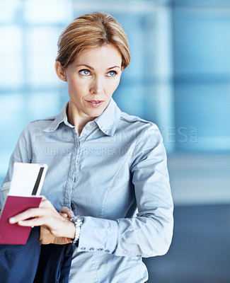 Buy stock photo Business trip, passport and woman with watch at airport for flight schedule, transit or planning. Boarding pass, professional and time in lobby for corporate travel, thinking or waiting for departure
