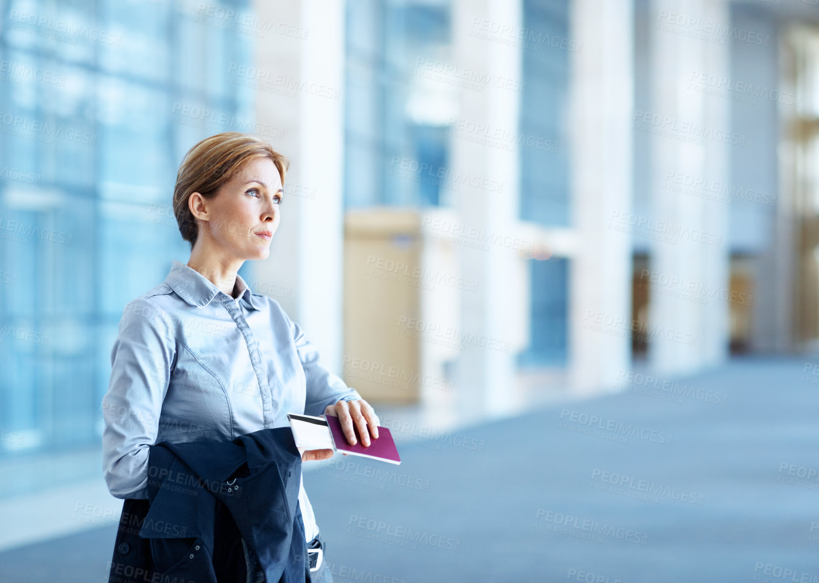 Buy stock photo Thinking, travel and woman at airport with passport, ticket and thoughts for business trip with space. Reflection, flight or person waiting at lounge with boarding pass for international journey