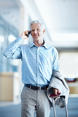 Buy stock photo Airport, walking and business man with phone call, communication and contact for travel schedule. Corporate, trip and mature person with suitcase, cellphone and talking for commute and conference
