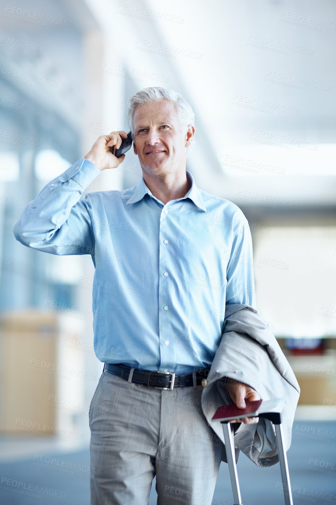Buy stock photo Airport, walking and business man with phone call, communication and contact for travel schedule. Corporate, trip and mature person with suitcase, cellphone and talking for commute and conference