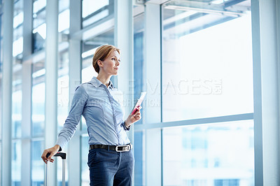 Buy stock photo Suitcase, waiting and business woman for travel, international trip and conference in airport. Corporate,  professional and person with luggage, ticket and delay for commute, convention and schedule