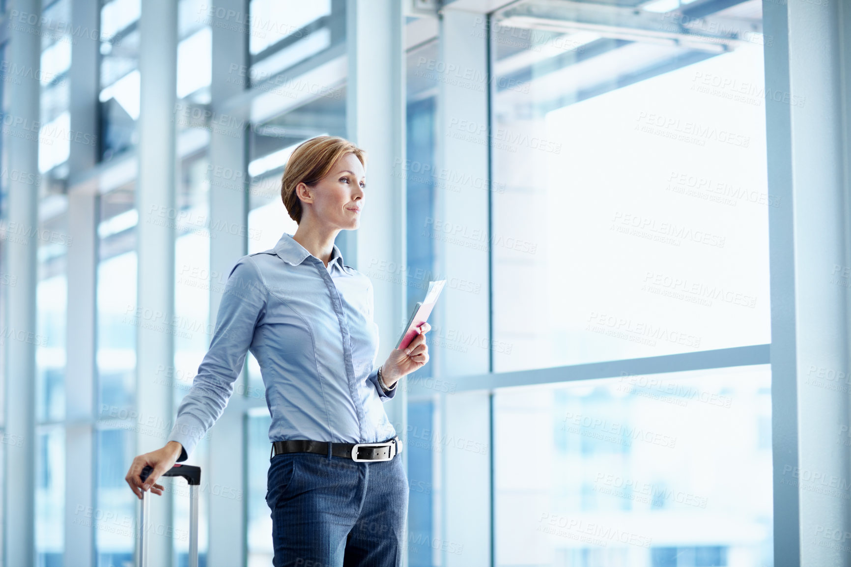 Buy stock photo Suitcase, waiting and business woman for travel, international trip and conference in airport. Corporate,  professional and person with luggage, ticket and delay for commute, convention and schedule