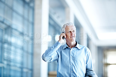 Buy stock photo Business, contact or man in office with phone call, agenda change or connection in online chat. Feedback, space or mature employee with tech, schedule update or networking in digital communication.