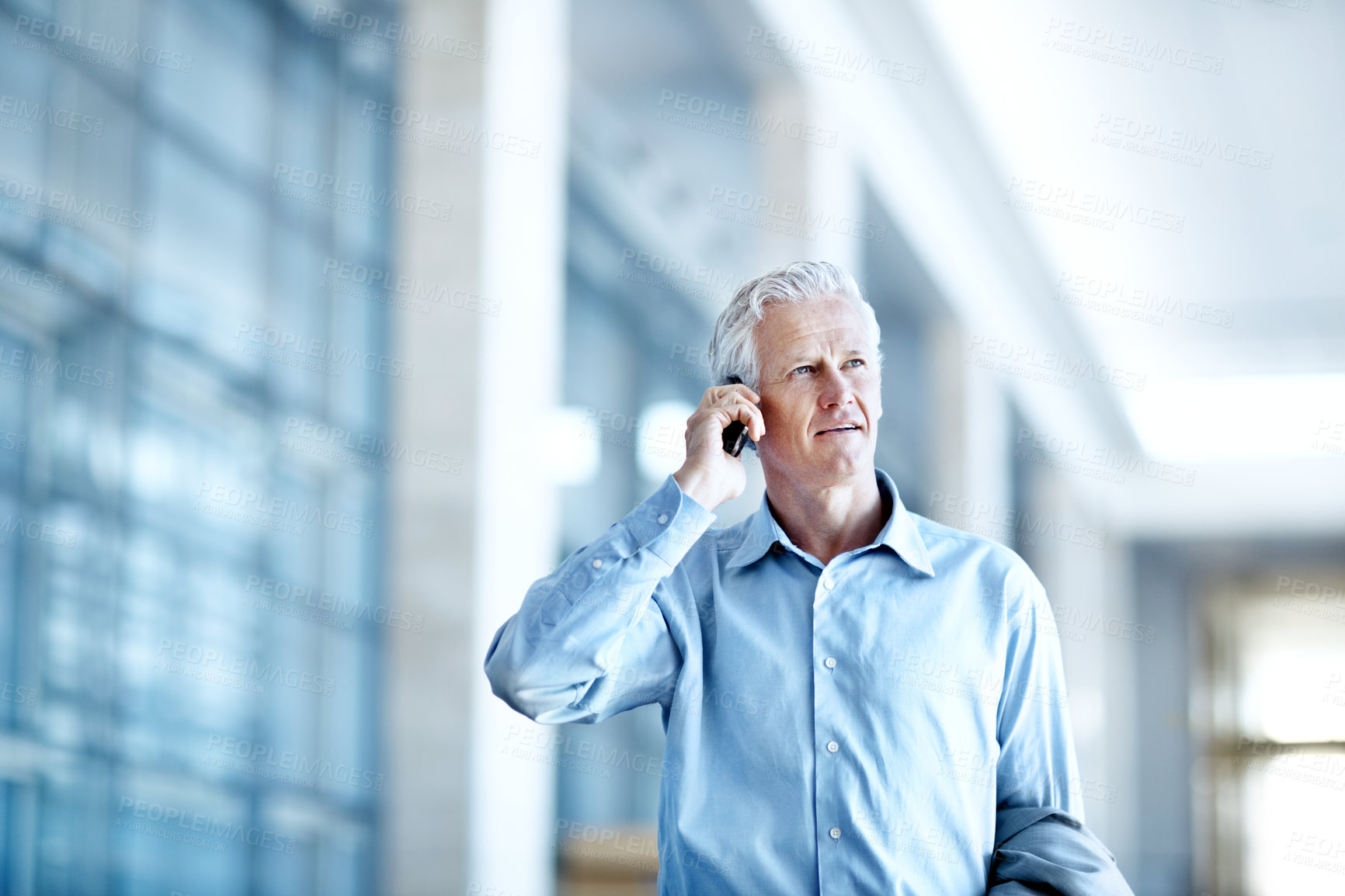 Buy stock photo Business, contact or man in office with phone call, agenda change or connection in online chat. Feedback, space or mature employee with tech, schedule update or networking in digital communication.