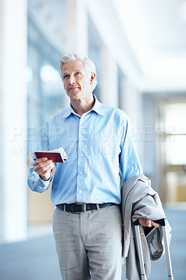 Buy stock photo Travel, suitcase or businessman at airport with ticket, time confirmation or commute to corporate event. Boarding, document or employee with schedule info, company trip or flight departure to seminar
