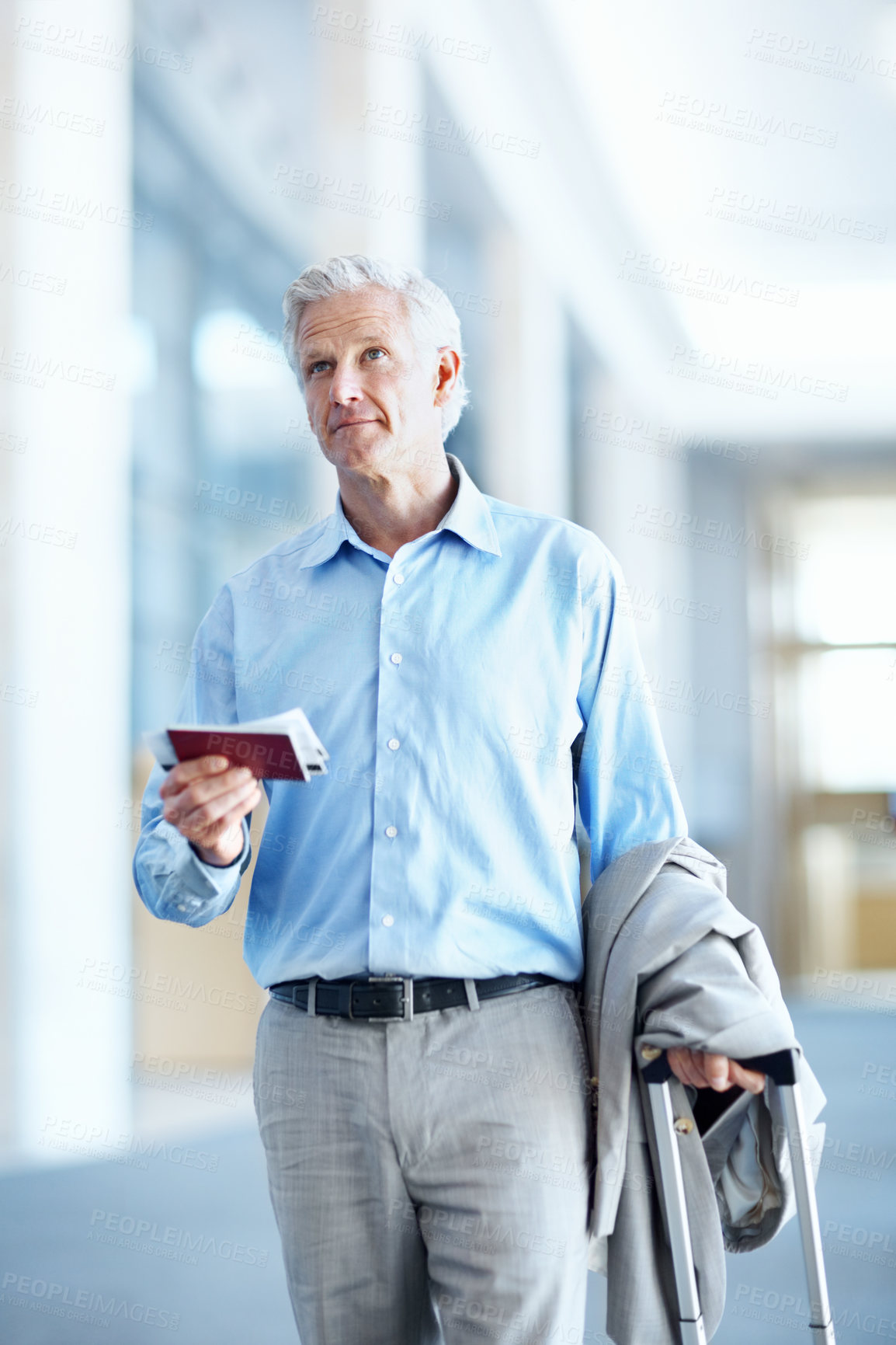 Buy stock photo Travel, suitcase or businessman at airport with ticket, time confirmation or commute to corporate event. Boarding, document or employee with schedule info, company trip or flight departure to seminar