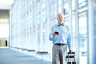 Buy stock photo Airport, space and mature man for business, work trip and suitcase for convention in terminal. Happy, professional and person with ticket, boarding pass and walking for commute, travel and conference