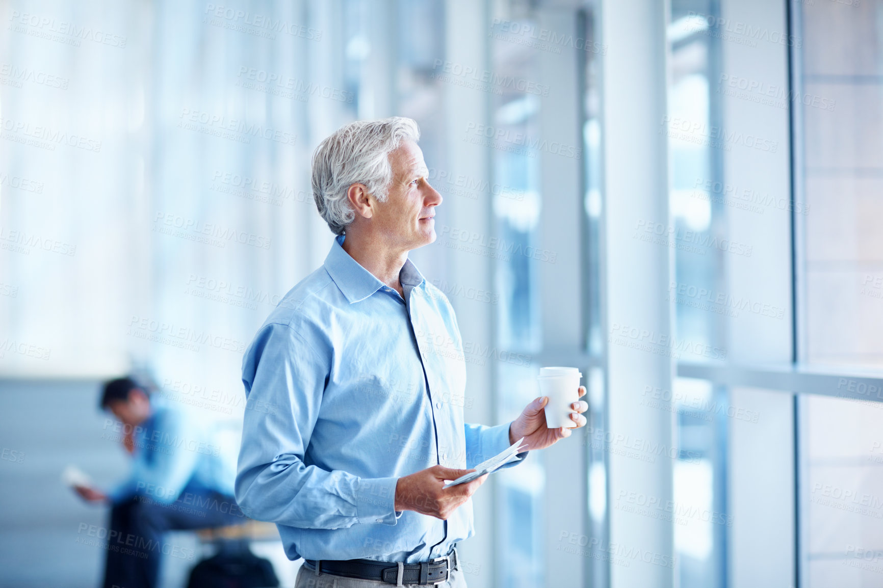 Buy stock photo Businessman, window or thinking with coffee for travel, destination or flight delay in airport. Man, employee or thoughtful traveler with passport, ticket or drink for business commute or opportunity
