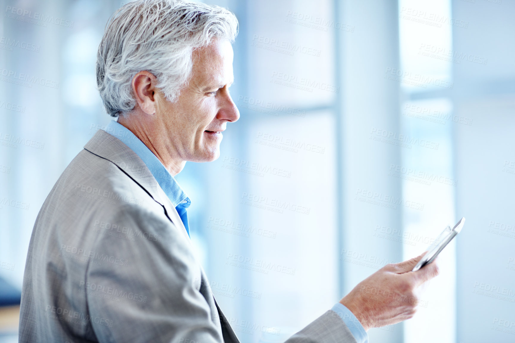 Buy stock photo Travel, businessman and boarding pass at airport window for gate number, flight schedule and info. Business trip, mature person and check plane ticket in lobby for departure time, details and waiting