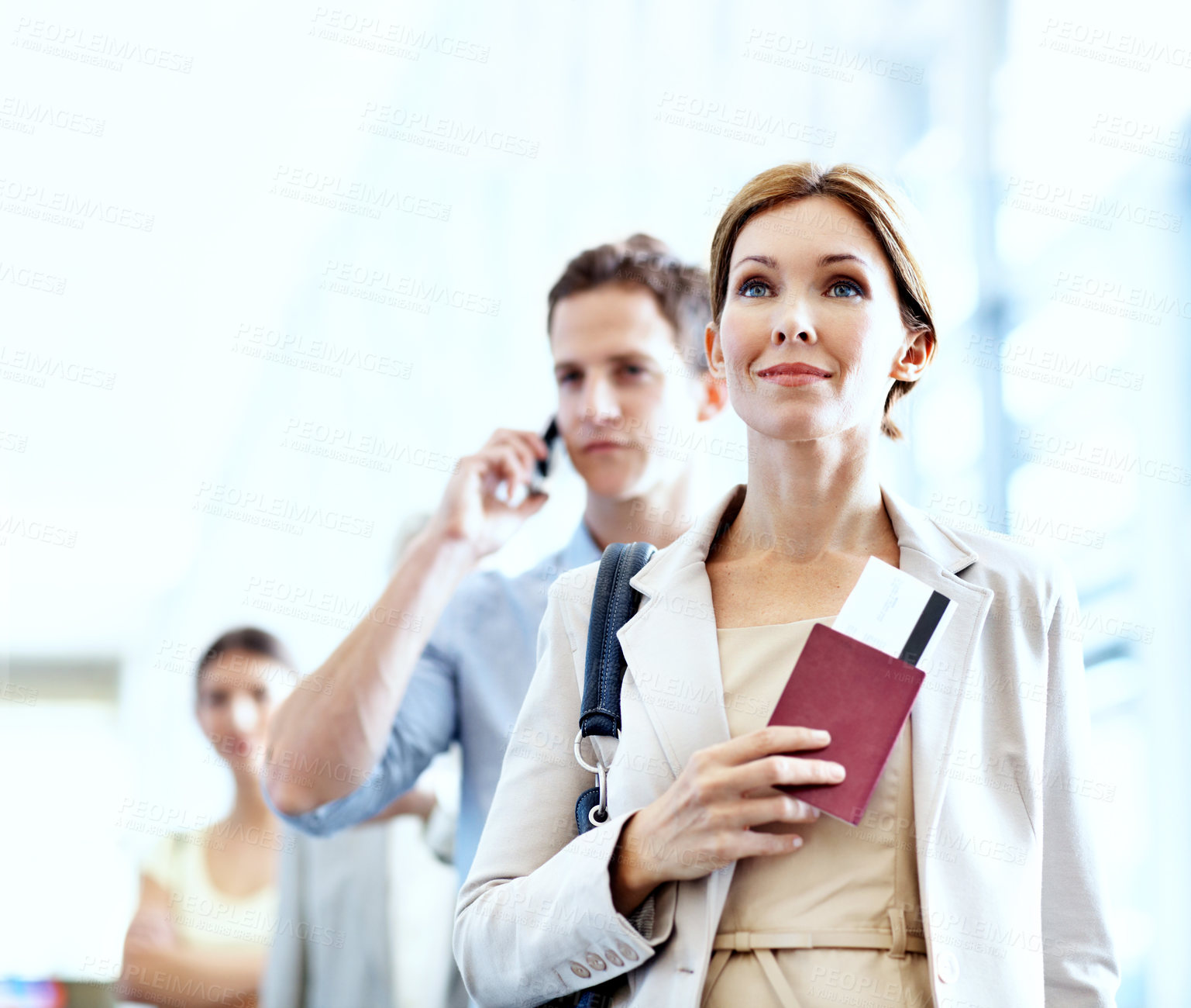 Buy stock photo Travel, queue or businesswoman at airport with boarding, flight process or commute to b2b event. Low angle, document or employee with waiting line, corporate seminar or departure procedure on trip.
