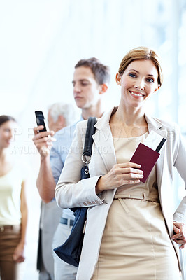 Buy stock photo Boarding, portrait or businesswoman at airport with queue, flight process or commute to b2b event. Happy, document or employee with waiting line, corporate travel or departure procedure on trip.
