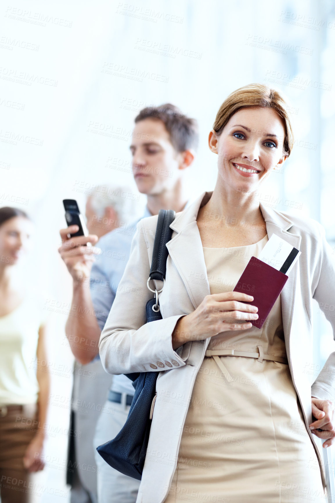 Buy stock photo Boarding, portrait or businesswoman at airport with queue, flight process or commute to b2b event. Happy, document or employee with waiting line, corporate travel or departure procedure on trip.