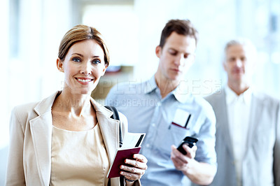 Buy stock photo Boarding, portrait or employee at airport with waiting line, flight process or commute to b2b seminar. Trip, document or happy woman with queue, business travel or departure procedure for conference.