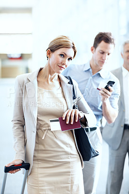 Buy stock photo Travel, passport and businesswoman in queue at airport for luggage check in, boarding and journey. Ticket, passenger and suitcase in line for security checkpoint, business trip and flight eligibility