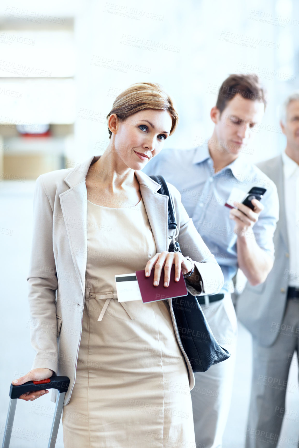 Buy stock photo Travel, passport and businesswoman in queue at airport for luggage check in, boarding and journey. Ticket, passenger and suitcase in line for security checkpoint, business trip and flight eligibility