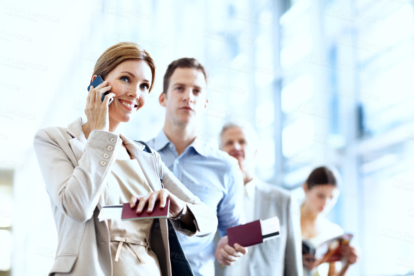 Buy stock photo Business travel, phone call and businesswoman with passport in airport, chatting and flight updates. Employee, waiting and happy person with mobile, discussion or boarding pass for international trip