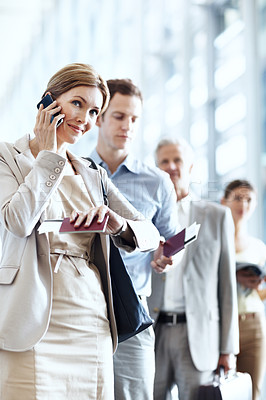 Buy stock photo Business travel, phone call and businesswoman with watch in airport, communication and flight update. Check, time and happy person with mobile, discussion and boarding pass for international trip