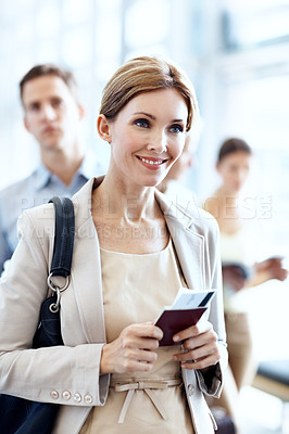 Buy stock photo Businesswoman, travel or line up in airport with passport, flight ticket or wait for overseas work trip. Person, queue and ID documents in terminal for departure, smile and leave for job opportunity.