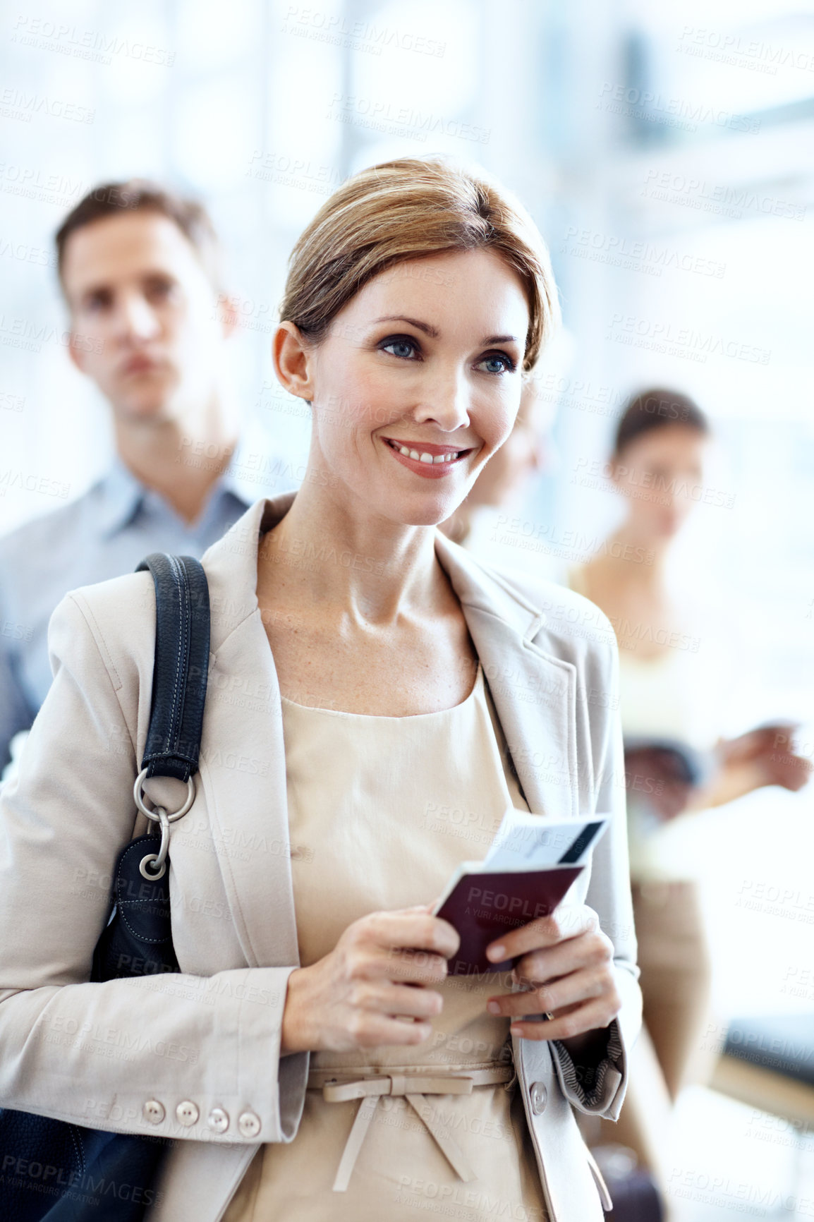 Buy stock photo Businesswoman, travel or line up in airport with passport, flight ticket or wait for overseas work trip. Person, queue and ID documents in terminal for departure, smile and leave for job opportunity.