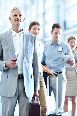 Buy stock photo Travel, passport and businessman in line at airport for check in, boarding flight and work journey. Briefcase, mature passenger or waiting in queue for security checkpoint, departure or business trip
