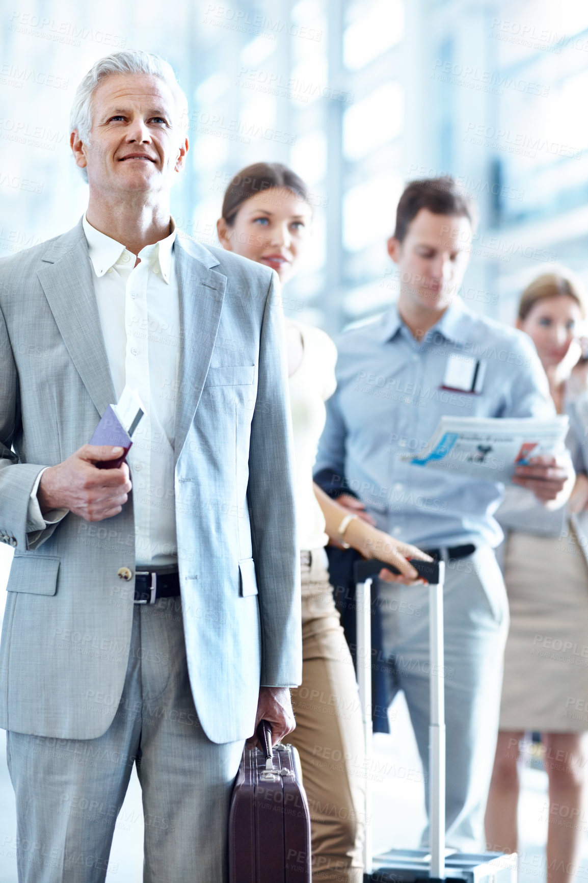 Buy stock photo Travel, passport and businessman in line at airport for check in, boarding flight and work journey. Briefcase, mature passenger or waiting in queue for security checkpoint, departure or business trip