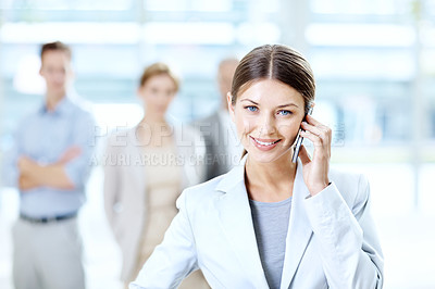 Buy stock photo Portrait, businesswoman and manager in office with phone call, connectivity or public relations update. Colleagues, person and contact in workplace with tech, PR agent feedback and brand management.
