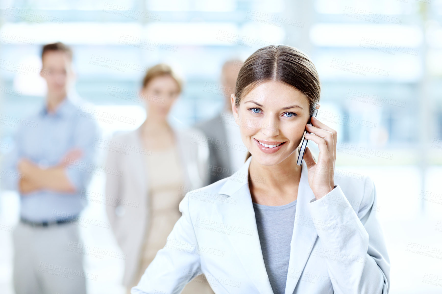 Buy stock photo Portrait, businesswoman and manager in office with phone call, connectivity or public relations update. Colleagues, person and contact in workplace with tech, PR agent feedback and brand management.
