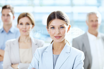 Buy stock photo Business, woman and leader portrait with team for legal counsel, legislation service and about us. Corporate, lawyers and confident people in office for judicial justice, career integrity or case law