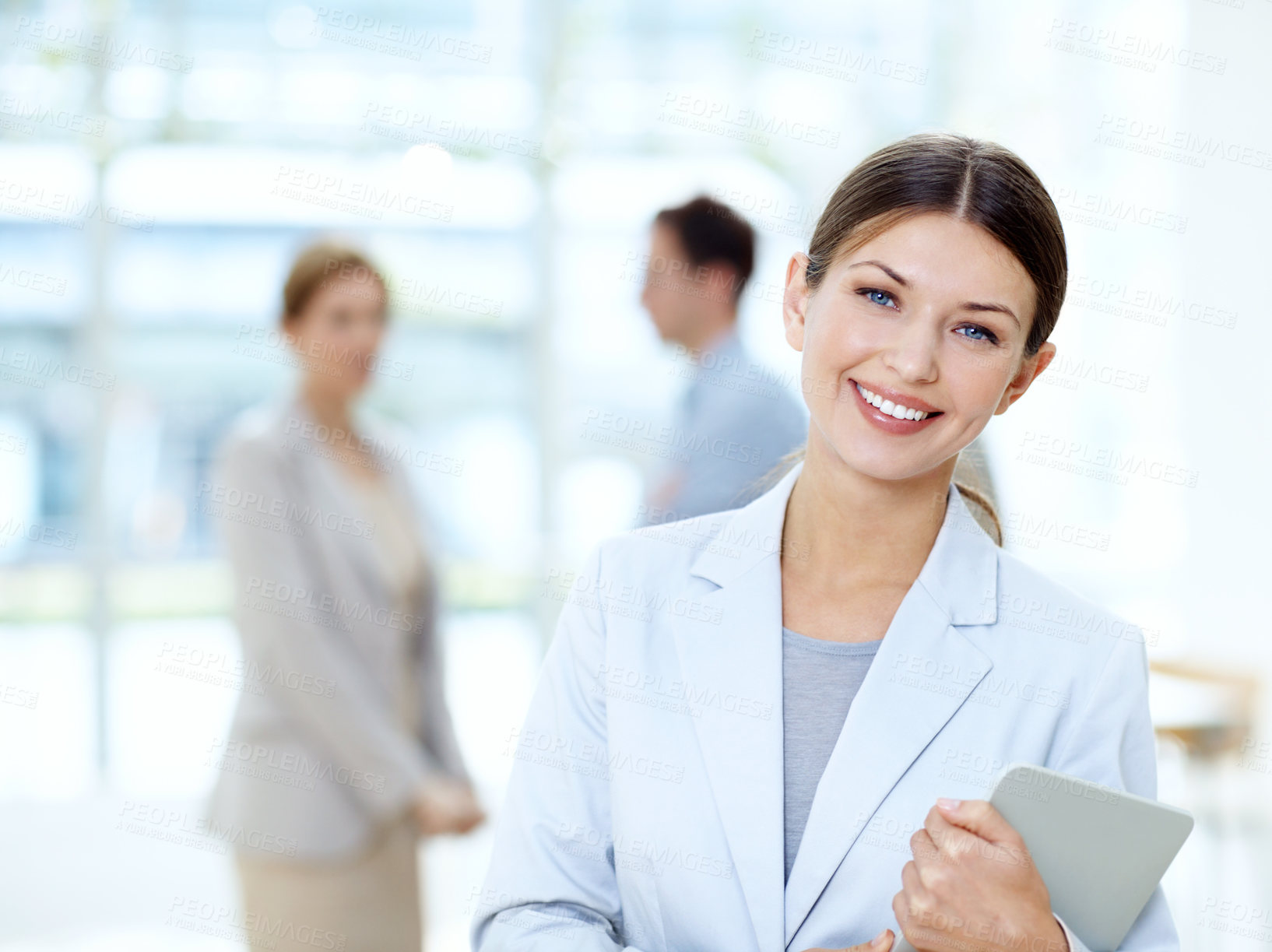Buy stock photo Portrait, tablet and business woman with corporate career, private equity consultant and investment. Smile, tech and person in office for finance, asset management or about us with confident employee