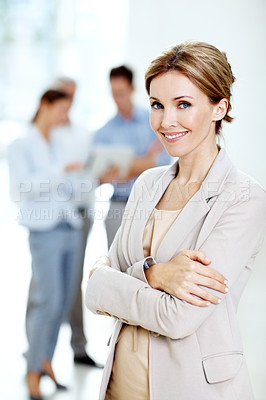 Buy stock photo Business, woman and happy with arms crossed in office for legal expertise, justice and about us. Staff, paralegal and portrait at firm for attorney support, corporate professional and career growth