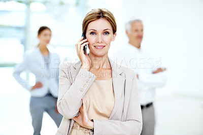 Buy stock photo Portrait, businesswoman and smile in office with phone call, connectivity and public relations update. Coworking, person and contact in workplace with tech, PR agent feedback and brand management.