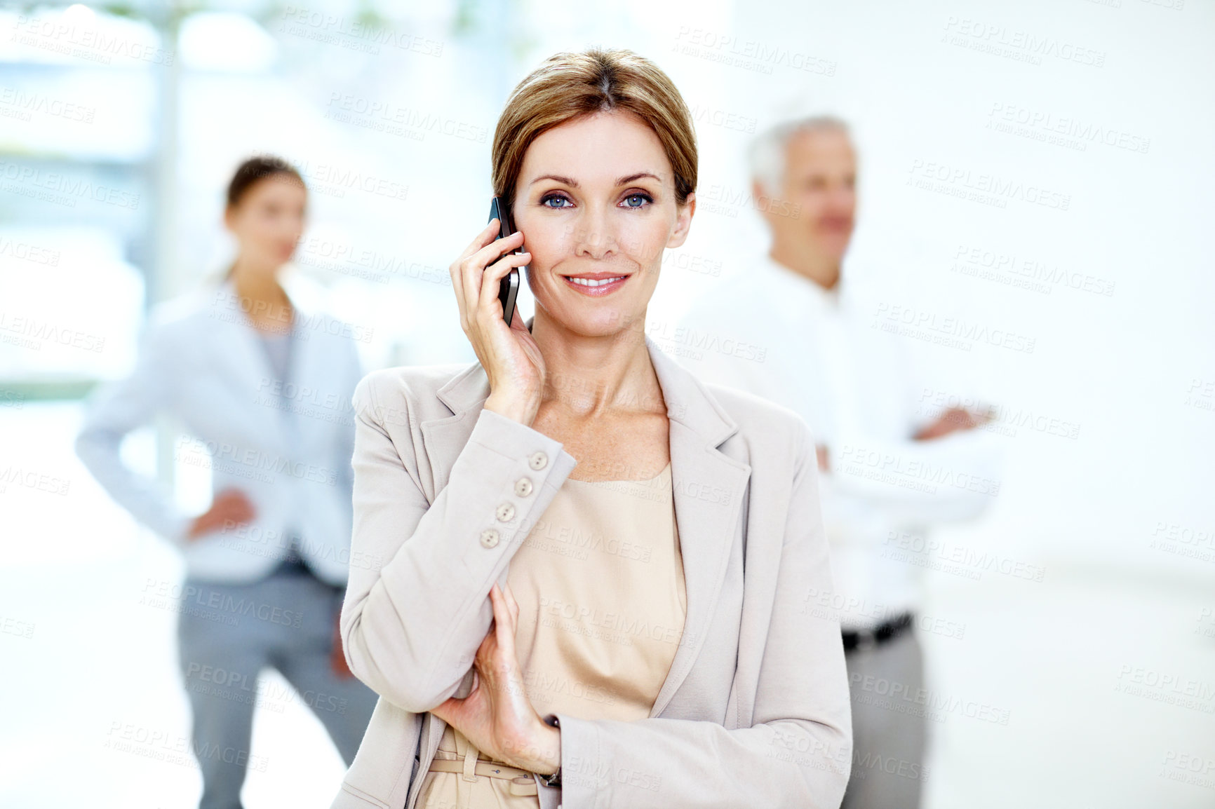 Buy stock photo Portrait, businesswoman and smile in office with phone call, connectivity and public relations update. Coworking, person and contact in workplace with tech, PR agent feedback and brand management.