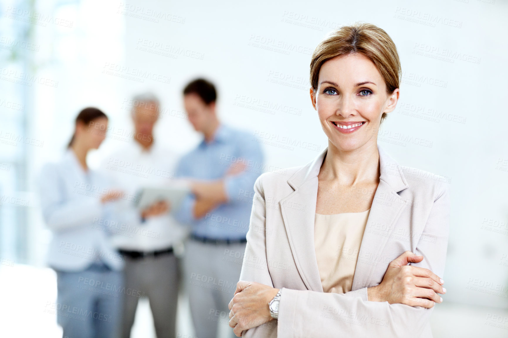 Buy stock photo Business, woman and arms crossed in office portrait for legal assistance, case law and about us. Staff, paralegal and happy at firm for litigation support, corporate professional and career growth