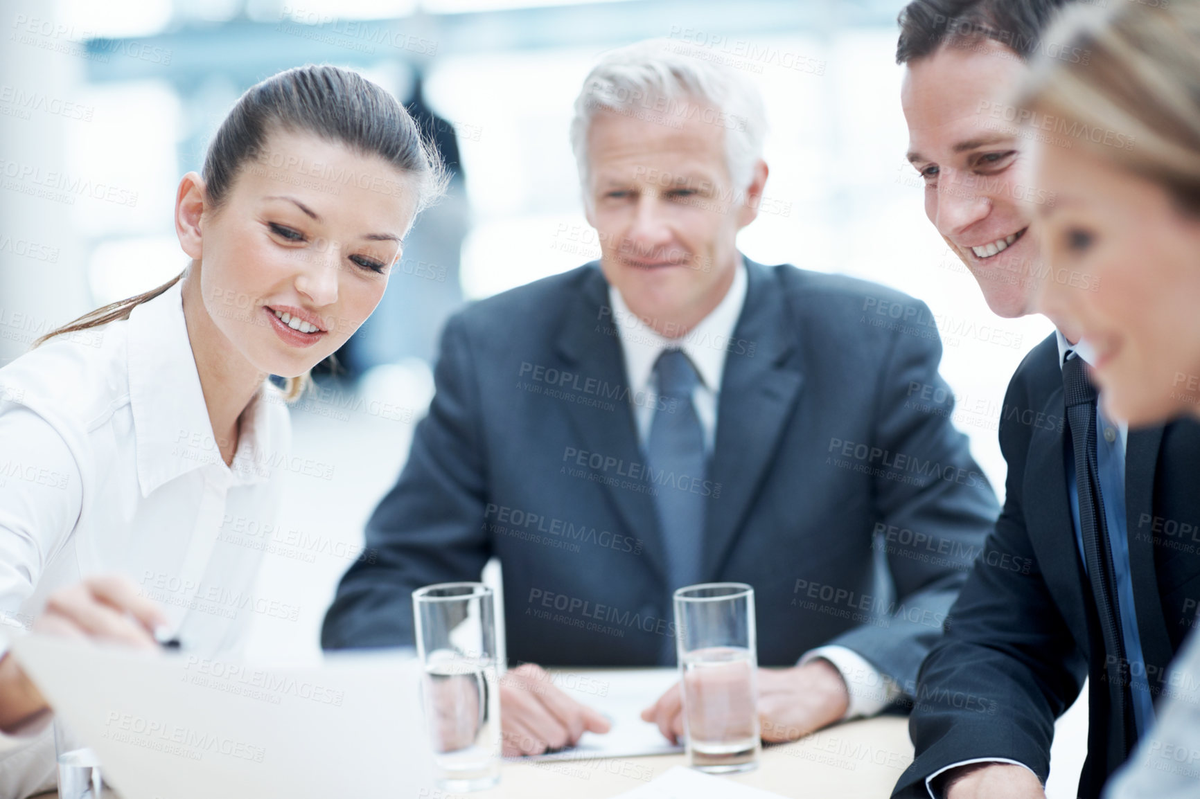 Buy stock photo Corporate, meeting and business people in office with paperwork, financial statement and audit manager. Accounting, team and discussion in firm with documents, finance review or planning for company.