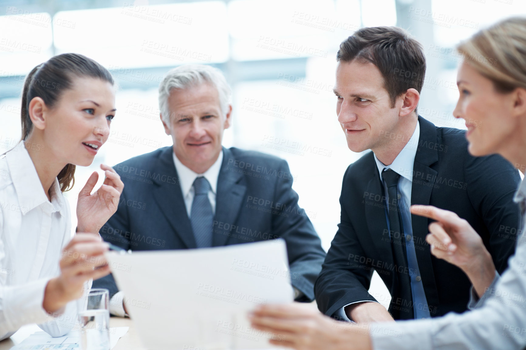 Buy stock photo Corporate, meeting and business people in office with documents, financial statement and audit manager. Accounting, team and discussion in firm with paperwork, finance review or planning for company.