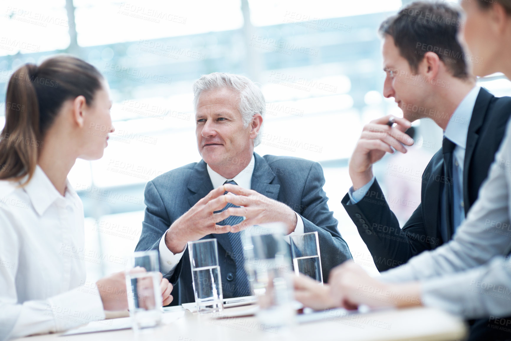 Buy stock photo Business people, meeting and team planning with CEO for financial compliance, report and briefing. Idea, manager and person with proposal, investment regulation or risk management strategy in office