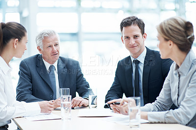 Buy stock photo Man, lawyer and team in office for meeting, court case and documents with witness statement. Portrait, attorney or staff with paperwork in workplace for evidence, confidential information and lawsuit