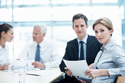 Buy stock photo Portrait, people and lawyer in office for meeting, court case and document with witness statement. Employees, attorney and paperwork in workplace for evidence, confidential information and lawsuit