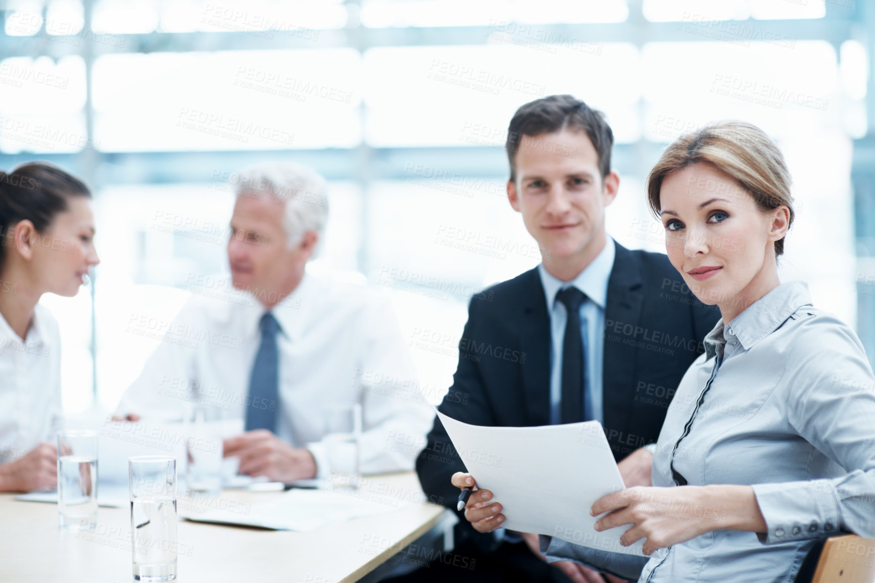 Buy stock photo Portrait, people and lawyer in office for meeting, court case and document with witness statement. Employees, attorney and paperwork in workplace for evidence, confidential information and lawsuit