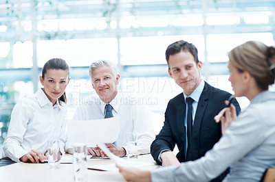 Buy stock photo Business people, meeting and team with document in office for financial compliance, smile or about us. Portrait, paperwork or employees with collaboration, investment regulation or risk management