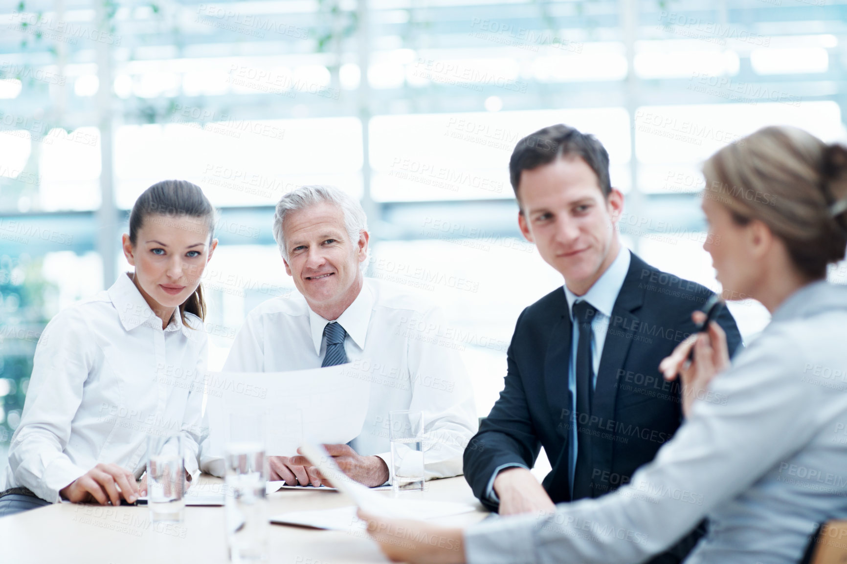 Buy stock photo Business people, meeting and team with document in office for financial compliance, smile or about us. Portrait, paperwork or employees with collaboration, investment regulation or risk management