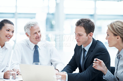 Buy stock photo Corporate, people and manager in office with laptop, paralegal and lawyer research for court case. Attorney, team and discussion in business with computer, strategy and administration for lawsuit.